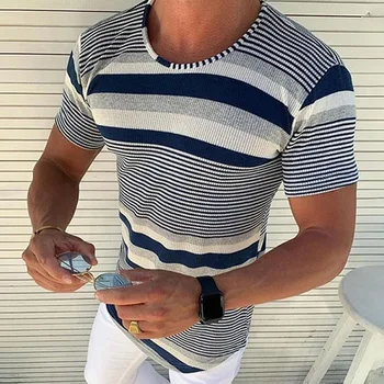 Мужская трикотажная облегающая шерстяная футболка в полоску с коротким рукавом и круглым вырезом, топ