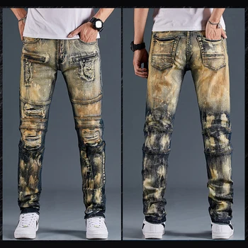 Мужские брюки, джинсы, модные джинсовые брюки в стиле Локомотив, Байкерские высококачественные Мужские Прямые Повседневные Дизайнерские рваные Удобные Продвинутые