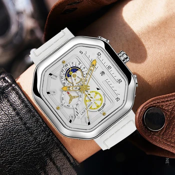 Мужские спортивные часы с хронографом Для мужчин, модные квадратные, Лучший бренд, Роскошный кожаный ремешок, Водонепроницаемые кварцевые часы Montre Homme