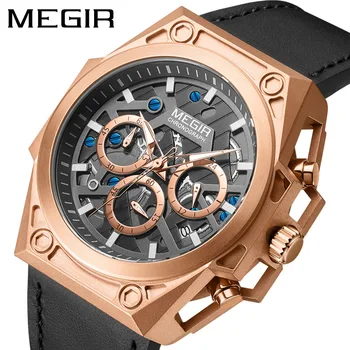 Мужские Часы MEGIR, Лидирующий бренд, Кожаный хронограф, Водонепроницаемые спортивные кварцевые часы с автоматической датой, светящиеся Часы Для мужчин, Relogio Masculino