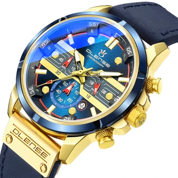 Мужские часы OLENSE 9001 M-1 из натуральной Кожи, Модные Кварцевые Наручные Часы с Датой, Хронограф, Светящиеся Стрелки, Синие Часы 2023