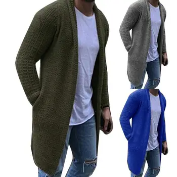 Мужской Кардиган, Однотонный Вязаный свитер с открытой передней частью, Свободный карман, Мужской Кардиган, Пальто, Модный зимний Длинный Кардиган, мужская одежда