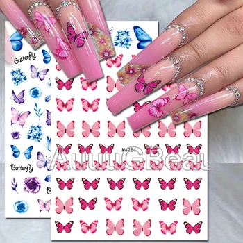 Наклейки для дизайна ногтей Розового, зеленого, фиолетового цветов, клейкие наклейки с бабочкой на обратной стороне, украшение для красоты кончиков ногтей