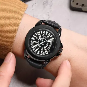 Новые Мужские водонепроницаемые наручные часы с модными стрелками, календарь с большим циферблатом, кожаный ремешок, кварцевые часы для мужчин