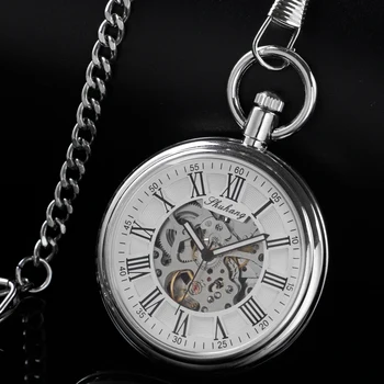 Новые Яркие Серебряные Римские цифровые механические карманные часы с Ретро-полым корпусом, Аналоговые мужские механические карманные часы со скелетом