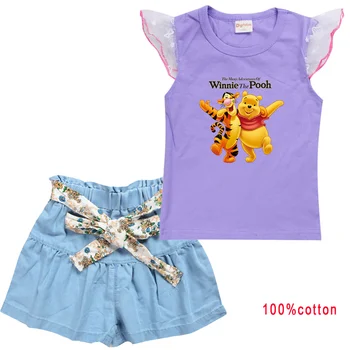 Одежда для девочек с Винни-Пухом от Disney, Летняя футболка, шорты, 2 шт./компл. одежды, повседневные спортивные костюмы