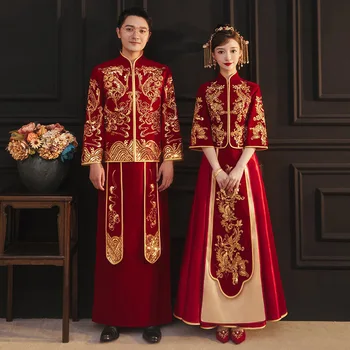 Осеннее Ретро Китайское Свадебное Платье С Вышивкой Бисером из Велюра Marry Cheongsam, Традиционное Платье Для Жениха И Невесты Свадебное платье