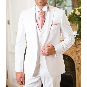 Официальный свадебный смокинг жениха 2023, белые костюмы для мужчин, 3 предмета, мужской модный костюм на заказ, куртка с брюками, жилет