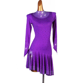 Платье Для латиноамериканских танцев Lady junior Румба, Ча-Ча-Самба, пурпурно-голубая юбка с длинным рукавом и вентиляционным разрезом, Платья для соревнований lq170