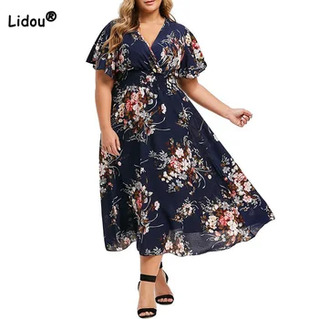Плюс размер, Летняя одежда для женщин с V-образным вырезом и эластичной резинкой на талии, Повседневный базовый пуловер с коротким рукавом и цветочным принтом, платье миди