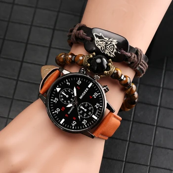 Подарочный набор мужских часов для парня Повседневные минималистичные кварцевые наручные часы Кожаный Винтажный плетеный браслет с волчьей головой Reloj Hombre