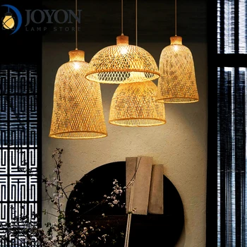 Подвесной светильник в китайском стиле, креативный бамбуковый тканый абажур для столовой, подвесная лампа E27, люстра для кофейного ресторана