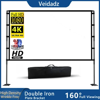 Проекционный экран VEIDADZ С подставкой Белого цвета, без складок, 84 100 120 дюймов, Складная железная пластина, двойной кронштейн, экран с сумкой для переноски