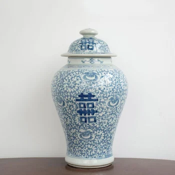 Свадебное украшение Храмовая банка Двойного Счастья, Бело-голубая Фарфоровая Ваза для имбирной банки, Китайские Украшения для настольных ваз