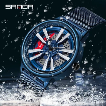 Спортивные часы SANDA Модные Мужские Гоночные Часы С Синим Сетчатым Ремешком и Вращающимся На 360 ° Циферблатом Водонепроницаемые И Устойчивые к Падению Reloj