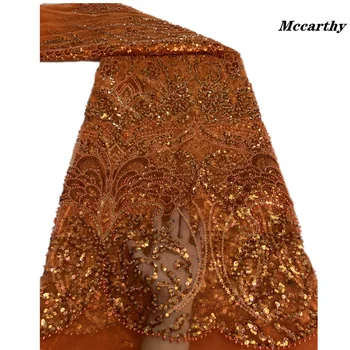 Французская Кружевная ткань ручной работы, вышитая бисером 2023, Красное Кружево, вышивка жемчужными блестками на тюлевой ткани для женского платья, Кружевное Свадебное платье