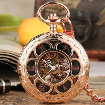 Цветок тыквы, Розовое золото/черные карманные часы с ручным управлением, Модные Винтажные часы с цепочкой, Карманные часы с ручным заводом