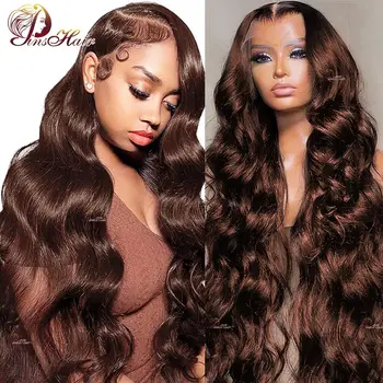 Шоколадно-коричневые парики из человеческих волос на кружеве 13x4 для женщин, темно-коричневые объемные волнистые прозрачные парики из человеческих волос на кружеве 180%